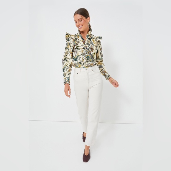 Tuckernuck Floral Ruffle Blouse - Cream and Green - Picture 2 of 16